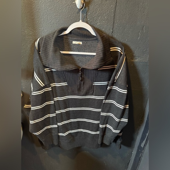 Maurices Dark Grey and White Zip Up Striped Sweater - Picture 1 of 3
